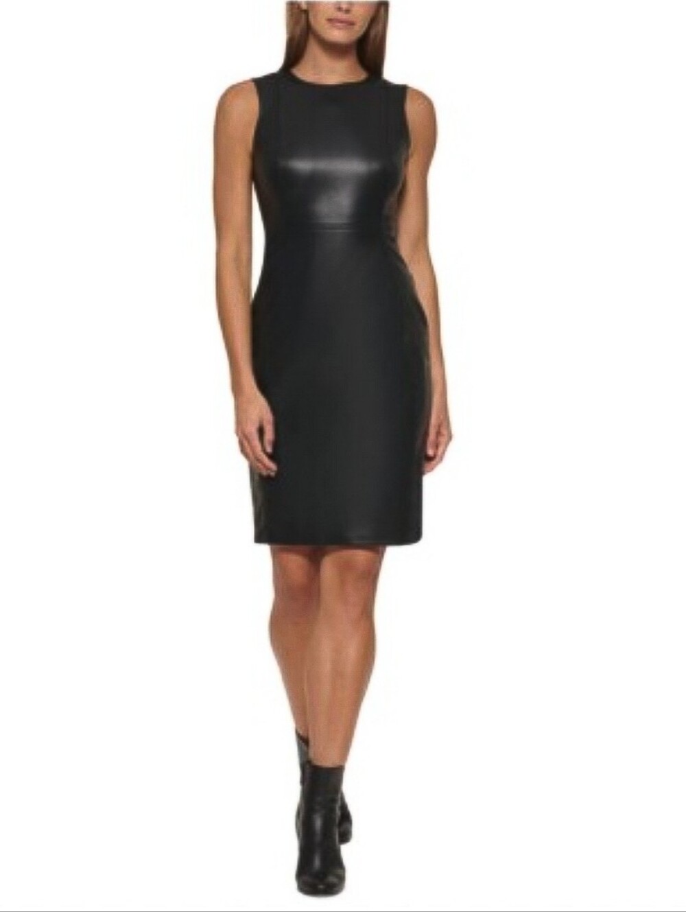 Calvin Klein black faux leather sleeveless knee-length sheath dress Gold Zipper